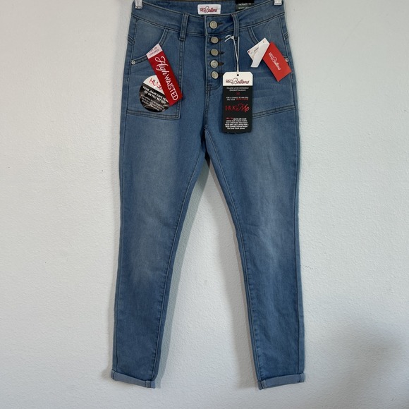 Red Bottoms Denim - Red Bottoms Skinny Jeans Women 7/28 Blue Denim Button Fly Booty Lift Y2K Stretch